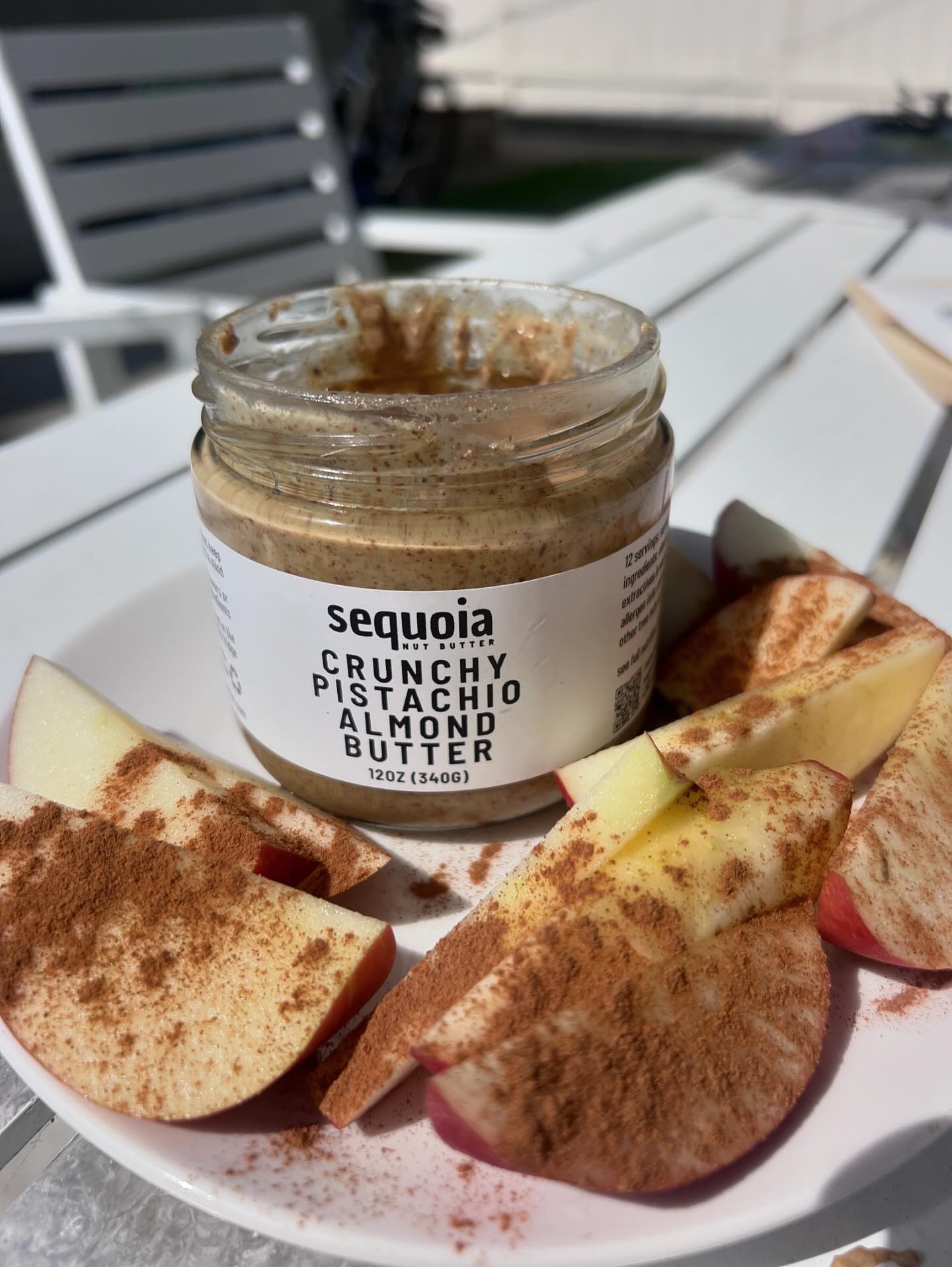 Our crunchy pistachio almond butter, is made with a blend of roasted almonds & pistachios + date sugar + pure vanilla extract + Celtic sea salt. Perfectly paired with bread, banana, apples, yogurt, ice cream, or enjoying straight from the jar! Order now from Sequoia Nut Butter.