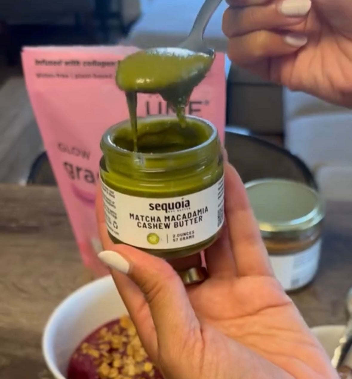 matcha macadamia cashew butter on acai bowl