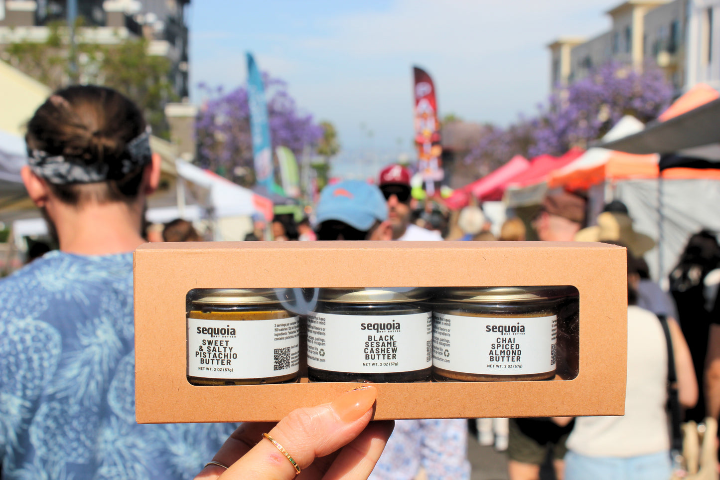 nut butter flight - 3 pack sweet & salty pistachio butter, black sesame cashew butter, chai spice almond butter in kraft paper box