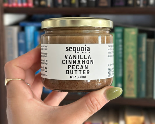 Our natural vanilla cinnamon pecan butter is crafted with premium pecans, pure vanilla, warm cinnamon, and a touch of celtic sea salt. This creamy spread delivers a rich, buttery flavor with subtle sweetness and a hint of spice—perfect for toast, oatmeal, smoothies, and more. No added oils or refined sugars—just pure, delicious goodness. Order now from Sequoia Nut Butter!